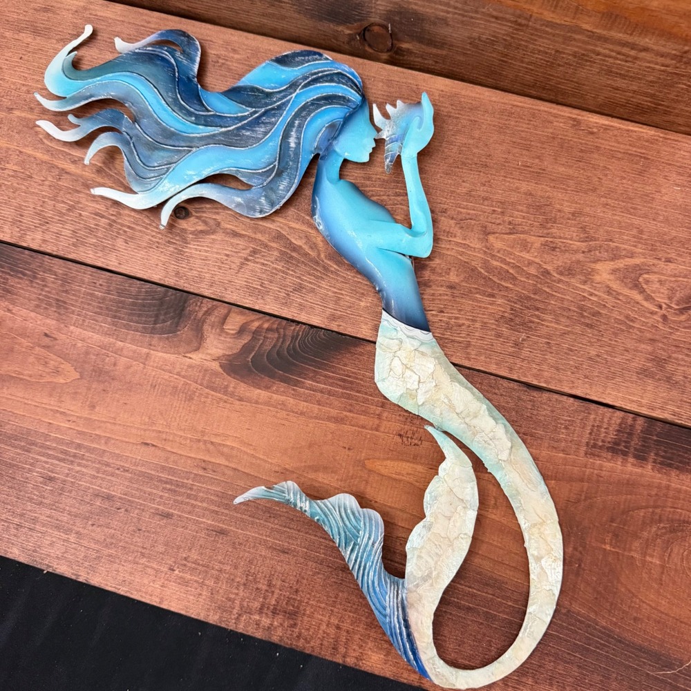 Coastal Wall Hanging Art Metal MERMAID w Capiz Shells Coastal Nautical Decor MIP